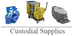 Custodial Supplies - Picture of cleaning supplies, mop and floor scrubber
